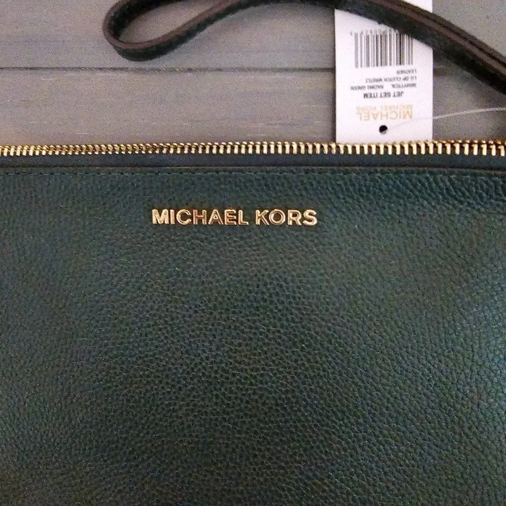 Michael Kors Women's Green Pebble Leather Travel Jet Set Zip Clutch Wristlet - Picture 4 of 5